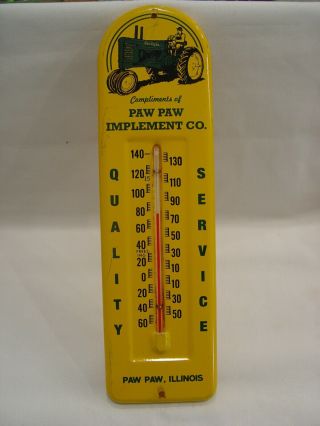 Old Paw Paw Implement Co.  John Deere Tractors Metal Advertising Thermometer