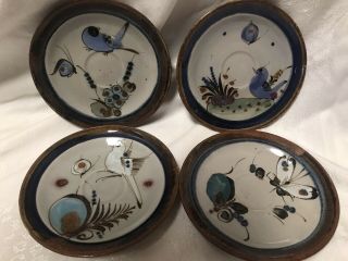 Set Of 4 Vintage Ken Edwards Mexican Tonala Pottery Blue Bird Saucers