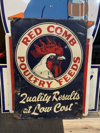 Vintage Red Comb Poultry Feeds Tin Sign Rooster Chicken Seed