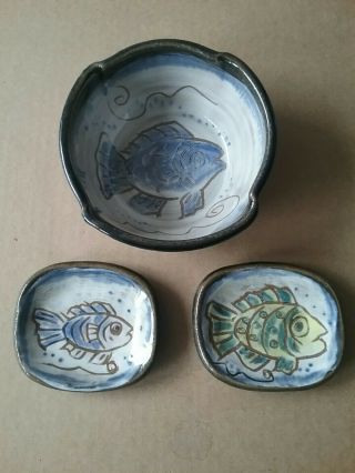 Vintage Signed J.  Palmer Fish Design 3pc.  Art Pottery Set - Hamburg,  Ny