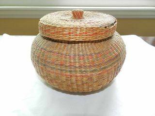 Vintage Finely Woven Native American Indian Basket Box With Lid 8x5