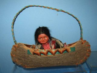Vintage Skookum Doll In Real Bark Canoe Canoe Is 14 Inches Long