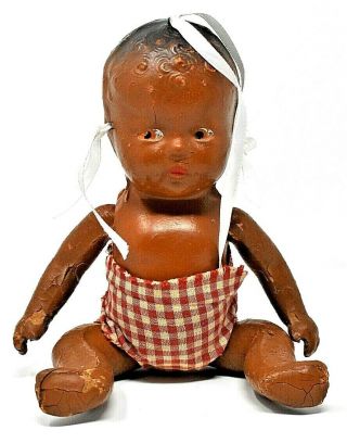 Rare 1920s Folk Art Black Americana Composition Folk Art Baby Doll Cute & Scarce