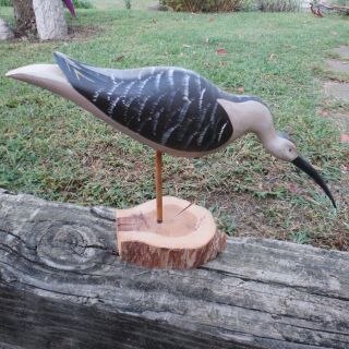 Vtg 70s Signed J.  Sebaluwsky Carved Wood Long Bill Shorebird Decoy Sculpture