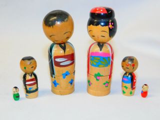 Vintage Japanese Kokeshi Nesting Bobblehead Dolls Wooden Doll Family Of 6 Japan