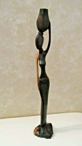 Vintage African Maiden Fetching Water Statue Hand Carved Two Toned Wood 14 "