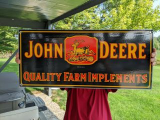 Large Old Vintage John Deere Farm Implement & Tractor Porcelain Enamel Sign