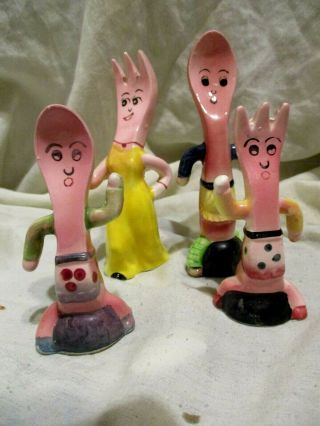 Vintage Anthropomorphic Salt Pepper Shakers Spoon Fork Family Mom Dad Kids