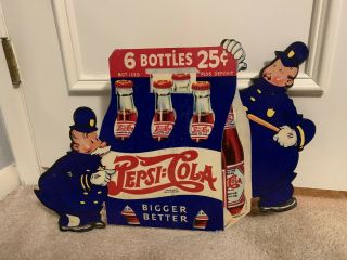 Old Pepsi:cola Cardboard Adv Sign Signs Bottle Carrier Keystone Cop Cops 2 Sided