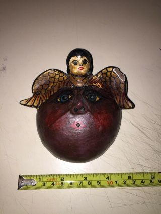 Vintage Mexican Folk Art Angel Coconut Shell Mask Hand Painted - Rare -