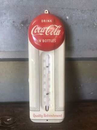 Vintage 1950’s Coca - Cola 9” Button Thermometer Metal Coke Sign Art Deco