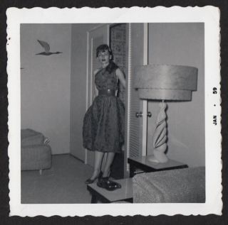 Sorrowful Party Dress Woman In Mid - Century Kitsch Room 1959 Vintage Photo