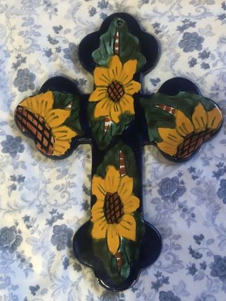 Hand Painted Mexican Talavera Ceramic Cross Sunflowers Colorful