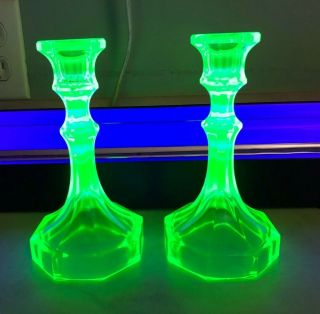 Vintage Pair Green Depression / Uranium Glass Candlesticks 7 " Tall