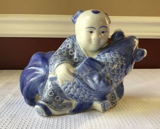 Vintage Chinese Porcelain Figurine Of A Boy With A Fish,  8 " X 6 1/2 "