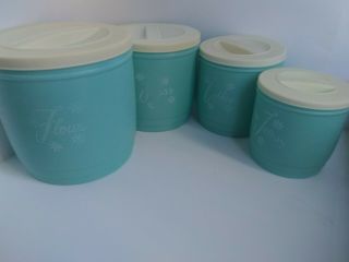 Vintage 50s Kitchen 4pc Turquoise Plastic Canisters With Lid