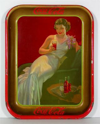 1936 Coca - Cola Tin Lithograph Advertising Tray Glamour Girl / Actress Coke Tray