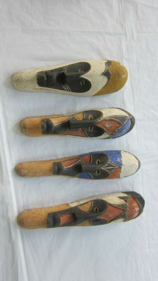 Set Of 4 Hand Carved Wooden Face Masks - Wall Hanging Folk Art