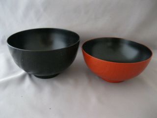 Vintage Japanese Lacquer Wood Bowls Black & Orange Round