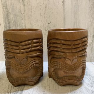 (2) Vintage Wood Tiki Mug From Hawaii