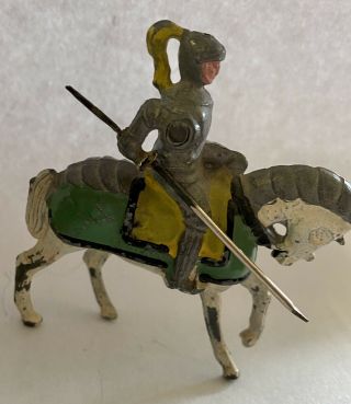 Vintage 1950s Metal Jousting Knight On Horse With Movable Arm Paint
