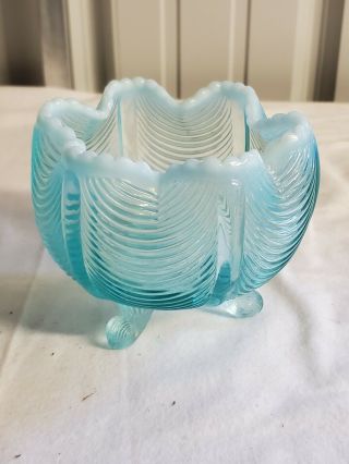 Vintage Fenton Blue Opalescent Ribbed Glass Footed Bowl Dish Vase