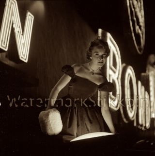 1950s Photo Negative Nyc Times Square Girl Neon Bond Sign Elegance Spot Light