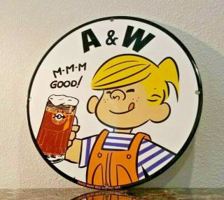 Vintage A&w Root Beer Porcelain Gas Beverage Drink Soda Dennis The Menace Sign