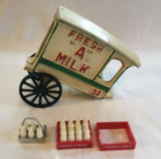 Vintage Milk Cast Iron Horse Drawn Delivery Wagon “fresh A Milk” & Milk Bottles
