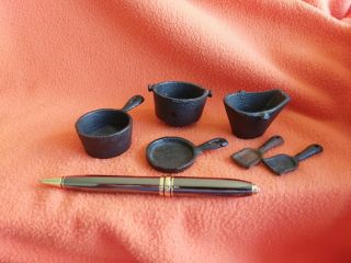 Vintage Cast Iron Miniature Cooking Pots And Coal Bucket With Shovels. 3