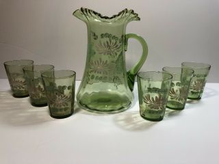 Vintage Hand - Painted Glass Juice Set With Pitcher And 6 Glasses
