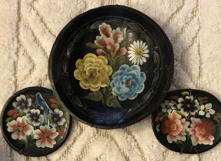 Set Of 3 Vintage Old Folk Art Wood Plate Dish Bowl Hand Painted Crafted Mexico