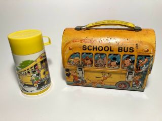 Vintage Disney School Bus Mickey Mouse Metal Lunch Box With Thermos By Aladdin