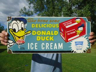 1950s Vintage Donald Duck Ice Cream Porcelain Gas Station Pump Sign Strawberry