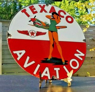 Texaco Gasoline Porcelain Pin Up Military Girl Aviation Service Gas Oil Ww2 Sign