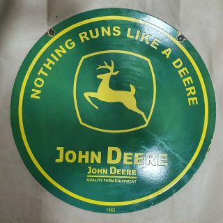 John Deere Farm 2 Sided Vintage Porcelain Sign 30 Inches Round