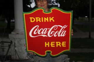 Drink Coca Cola Here Soda Pop Gas Station 2 Sided 20 " Porcelain Metal Sign
