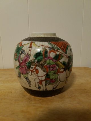 Vintage Satsuma Crackle Glaze Jar Hand Painted With Samurai Scenes Signed