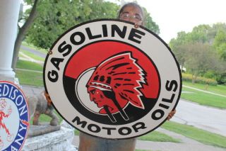 Large Red Indian Gasoline Motor Oil Gas Station 2 Sided 30 " Porcelain Metal Sign