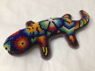 Huichol Mexican Folk Art Beaded Lizard Iguana Colorful Clay Ceramic Base.