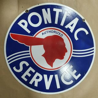 Pontiac Authorized Service 2 Sided Vintage Porcelain Sign 30 Inches Round