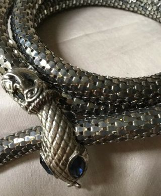 Vtg Whiting & Davis Silver Mesh Blue Rhinestone Egyptian Snake Belt/Necklace 40” 3