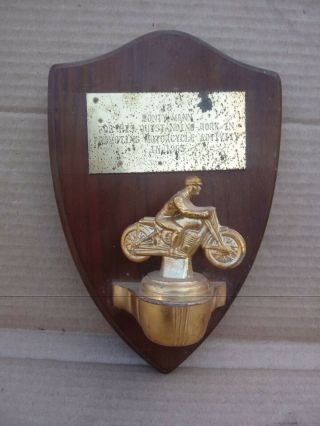 Vintage 1965 Motorcycle Trophy Plaque Wood Metal Topper