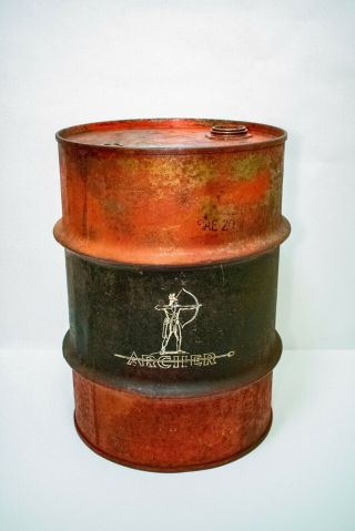 Rare 1940s Vintage Archer Steel Oil Can Barrel Drum,  22 " T X 15 " W,  Red & Black