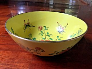 Large Vintage Hand Decorated In Hong Kong Yellow Enamel Porcelain Butterfly Bowl