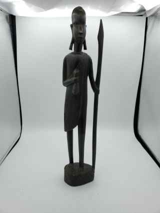 Vintage Ebony Wood Hand Carved Statue Figurine African Warrior 13.  75 " Tall