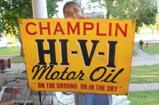 Large Champlin Hi - V - I Motor Oil Gas Station 31 " Metal Sign