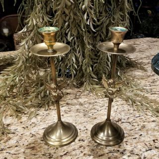 Vintage Solid Brass Angel Cherub Candle Taper Holders 2