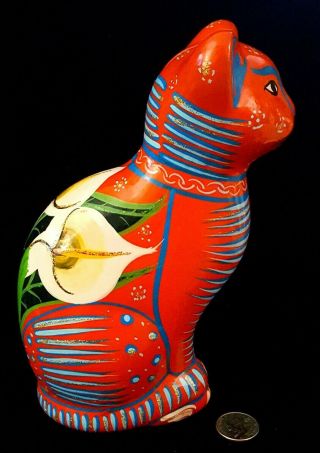 Mexico Folk Art Hand Painted Pottery Cat Piggy Coin Orchid Bank