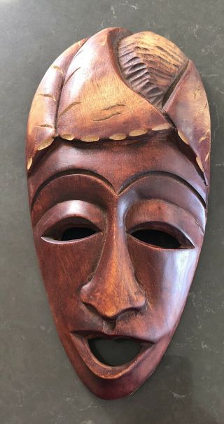 Vtg African Tribal Hand Carved Wood Face Mask Wall Decor Plaque Art Hanging